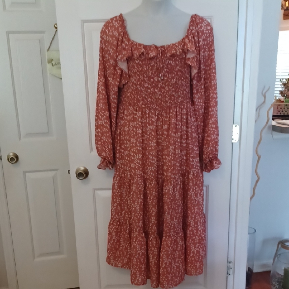 Elegant Long Sleeve Floral Dress in Orange